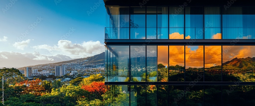 Poster modern glass building with a view of a cityscape and mountains reflected in the windows.