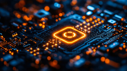 Obraz premium Abstract digital security symbol glowing on a circuit board with blue and orange lights in a technology-themed environment