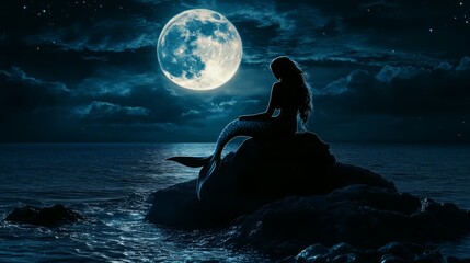 A solitary mermaid silhouette sits on a rock under a full moon, gazing out at the sea.