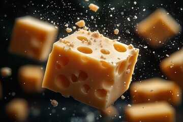 Floating Yellow Cheese Blocks in Dynamic Motion with Scattered Crumbs and Dramatic Lighting