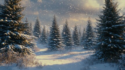 Fototapeta premium Snow-covered forest path with tall evergreen trees glistening