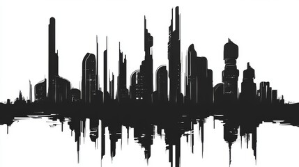 Obraz premium A black and white silhouette of a futuristic city skyline with its reflection in the water below.