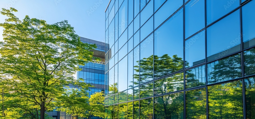 Poster modern glass building with trees reflected in windows.
