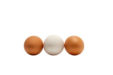 Three eggs are lined up in a row. The eggs are white and brown. Eggs on a white background.