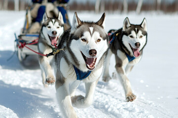 Inuit sled dogs running across the Arctic snow, pulling a sled.