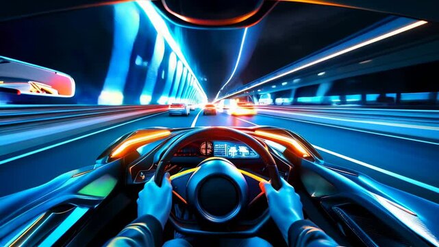 Modern dashboard inside moving sports car in city at night, view of driver hands, wheel and windshield of racing vehicle. Concept of speed, fast, technology, design, drive, road.