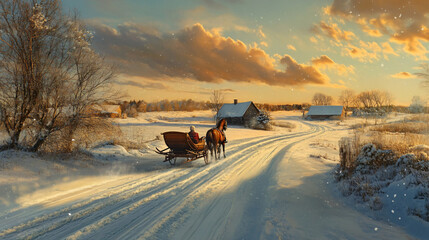 A horse-drawn sleigh gliding through a snowy country road., winter, snow, house, landscape, cold, tree, nature, village, home, old, sky, season, barn, building, architecture, cottage, white, rural, mo