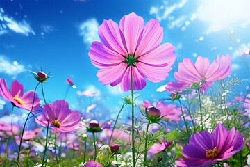 Elegant cosmos flowers swaying under bright sun, vivid pinks and purples. For nature photography, floral art, garden decor, print, wallpaper. Evokes sense of warmth, joy, renewal in natural settings.