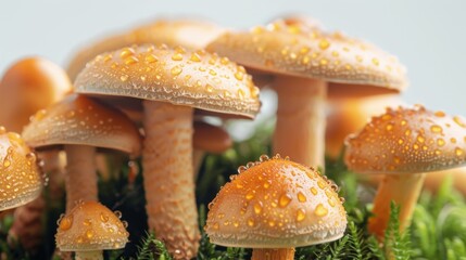 Obraz premium Close-up of Dew-Covered Mushrooms Growing in Mossy Forest Under Soft Light