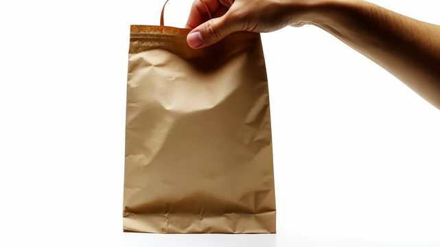 close up hand holding paper bag on solid white background