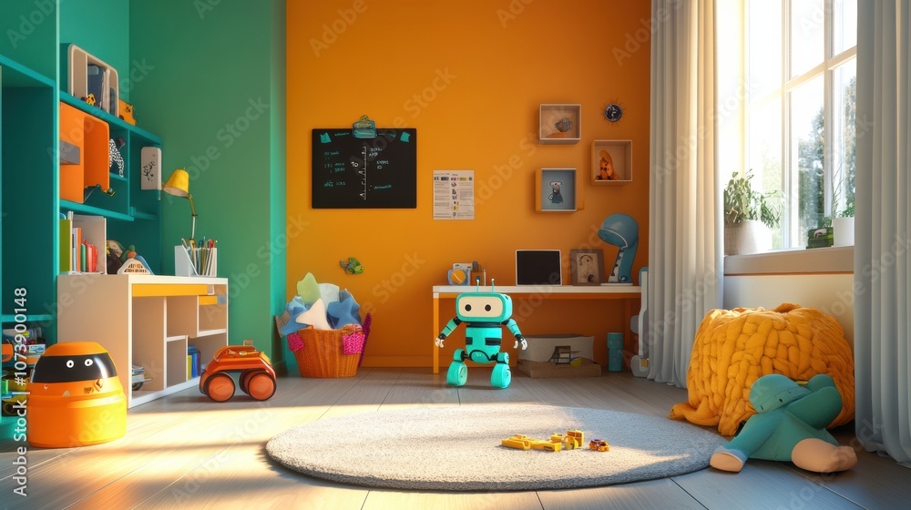 Aufkleber brightly colored children's room showcasing friendly robot helpers and fun play areas, ideal for cre