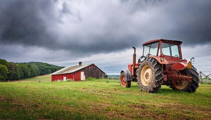 Obraz premium Red tractor parked in green field during rainstorm near red barn