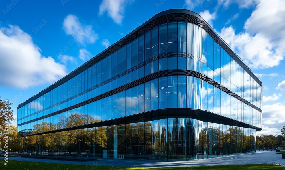 Poster modern glass office building with a blue sky and clouds reflecting in the windows.