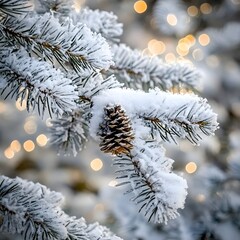Ein Tannenzapfen h&auml;ngt an einem Zweig mit Schnee