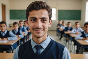Close portrait of a smiling young Turkish male elegant primary school teacher standing and looking at the camera, indoors almost empty classroom blurred background