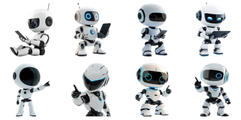 AI robot transparent collection set in many action png no background for decoration.