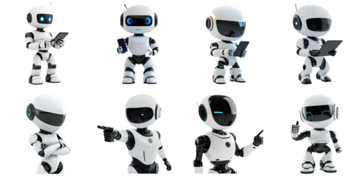 AI Robot png isolated set in many action 3d transparent using for presentation.