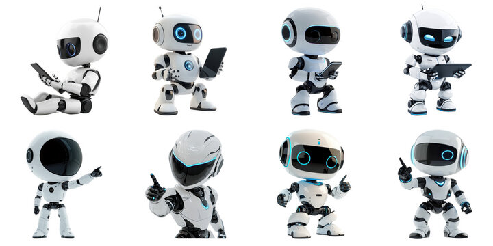 AI robot transparent collection set in many action png no background for decoration.