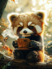 Adorable red panda holding a cup of tea in a serene forest setting, perfect for wall art, posters, and children's room decoration.