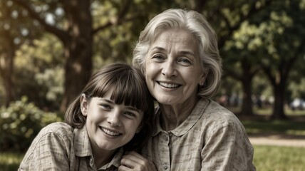 Fototapeta premium Senior woman smiling with her granddaughter in a sunny park setting