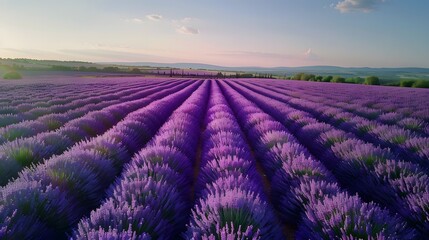 Fototapeta premium Lavender field at sunset with purple rows stretching into the distance. Natural scenic landscape