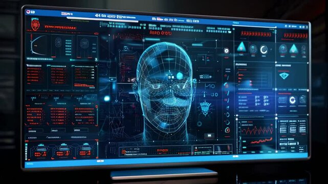 Digital screen of biometric verification system, facial recognition with AI technology. Concept of identification, face, data, person, security.