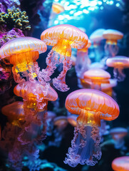 Vibrant underwater jellyfish display showcasing bioluminescence, perfect for ocean-themed wall art, posters, and serene aquatic decor inspired by marine life.