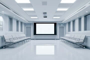 A hospital conference room with a large screen and minimalist seating, clean, organized, and brightly lit for professional meetings.
