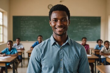 Close portrait of a smiling young Vanuatuan male elegant primary school teacher standing and looking at the camera, indoors almost empty classroom blurred background