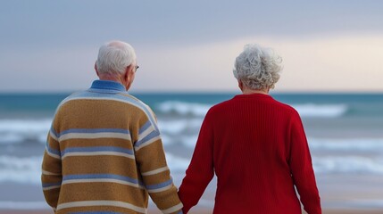 Loving Seniors Walk Hand in Hand by the Sea