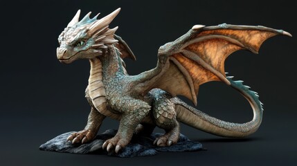 Fototapeta premium Detailed colorful dragon figurine posed on a rock base