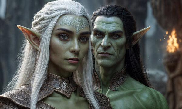 Fantasy illustration: elf girl and male ork