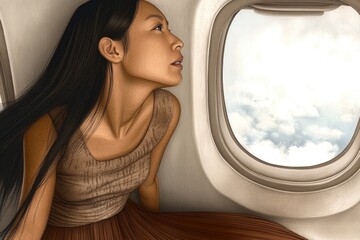 Woman gazing out airplane window contemplating journey and adventure