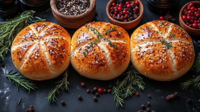 Traditional pampushka buns with sesame and herbs on wooden table, flat lay. Space for text