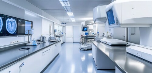 A hospital diagnostic imaging room with sleek modern equipment, bright lighting and clean counters for efficient medical tests.