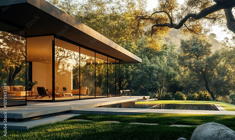 Poster modern home with large windows overlooking a lush garden with a swimming pool.