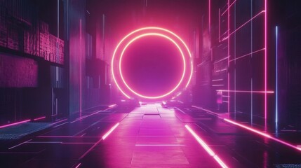 Fototapeta premium Futuristic neon-lit corridor leading to a glowing portal