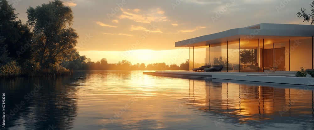 Poster modern house with a pool and a sunset view over the lake.