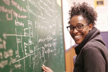 Smiling teacher engages with chalkboard diagrams in classroom setting