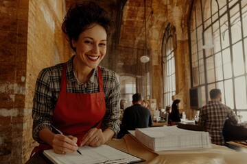 Smiling waitress in rustic cafe taking an order with happy customers in cozy atmosphere