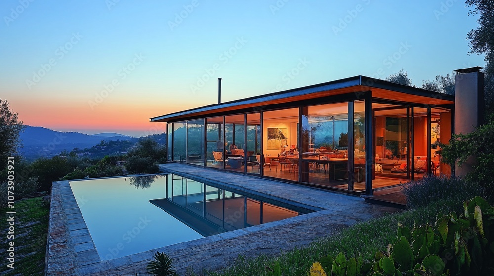 Poster modern house with a swimming pool and a view of the mountains at sunset.