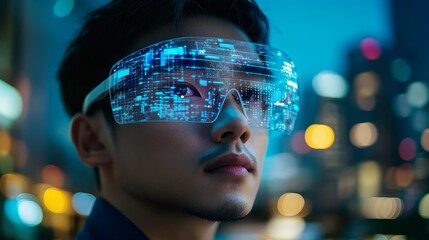 Futuristic man wearing augmented reality glasses in a vibrant urban setting