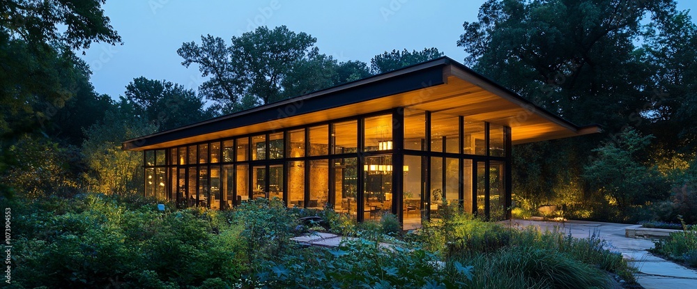 Poster modern house with large windows glowing at dusk in a garden with lush greenery.