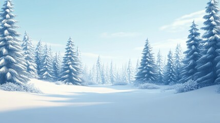 Snow-covered landscape with tall evergreen trees under a blue sky