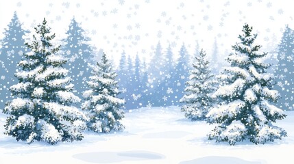 Fototapeta premium Snow-covered pine trees in a serene winter landscape with falling snowflakes