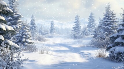 Naklejka premium Snow-covered path through a serene winter landscape with pine trees