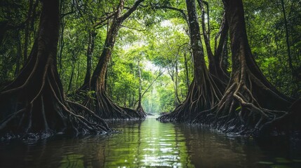 Obraz premium Lush jungle scene with waterway and towering trees.