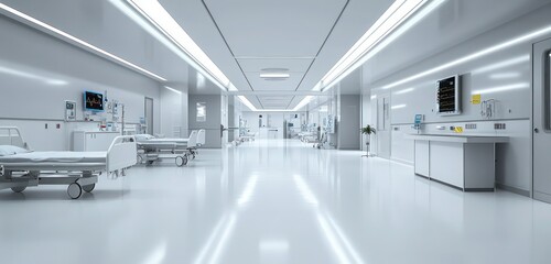 Fototapeta premium A hospital emergency room with clean white floors, modern medical equipment, and bright lighting ensuring a sterile environment.