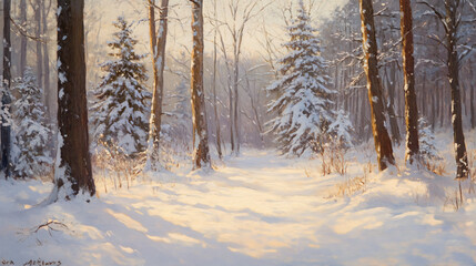 Fototapeta premium A quiet forest blanketed in snow, with soft morning light filtering through the trees.