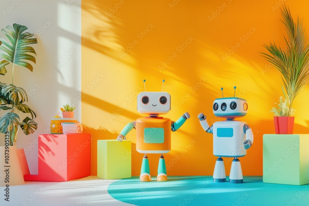 Aufkleber Children enjoy a vibrant room decorated with colorful blocks and cheerful robot assistants creating a fun and interactive environment. Generative AI